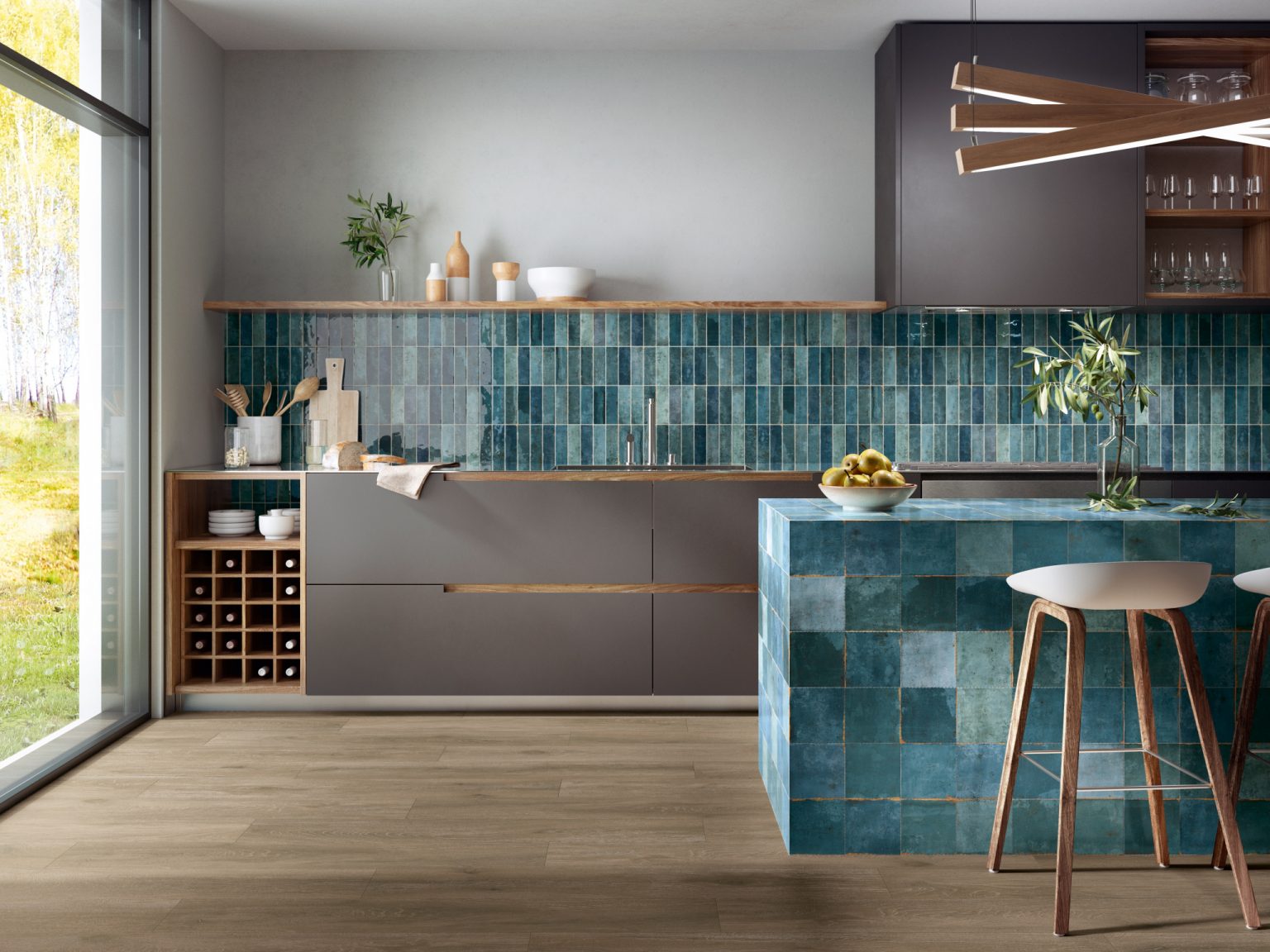 Teal zellige kitchen backsplash and tiled island