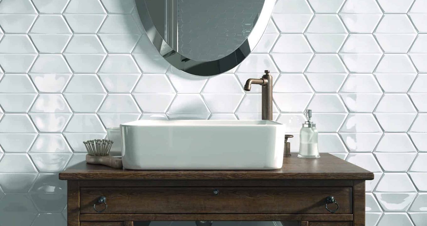 Bathroom hexagon feature wall with vessel sink