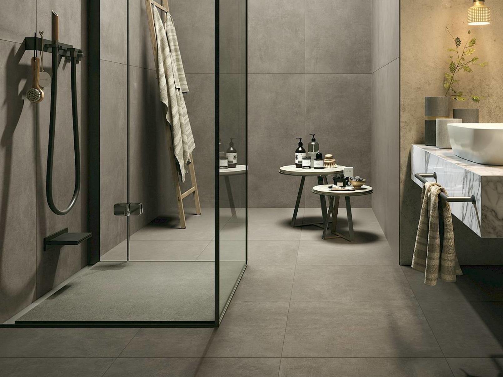 Large format concrete-look bathroom and shower tile