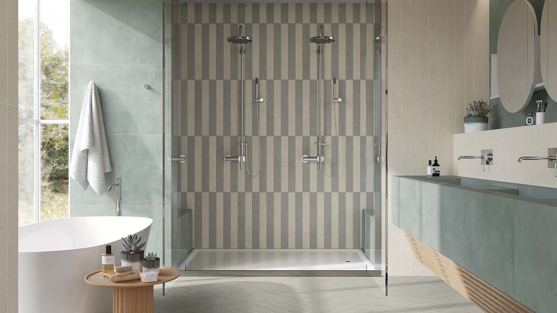 Striped tile shower with freestanding tub