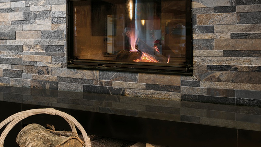 Stone stacked tile fireplace surround